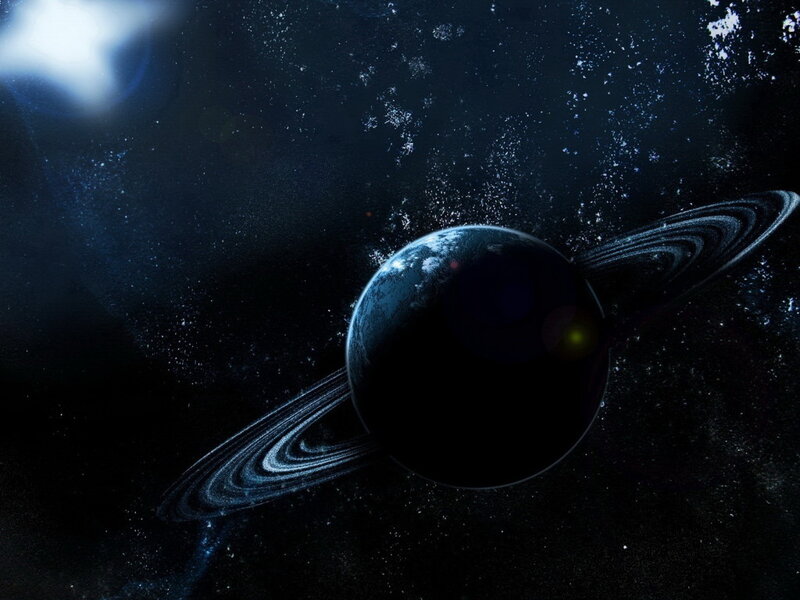 Planet with Rings — Black, Dramatic, Digital Art, Stars