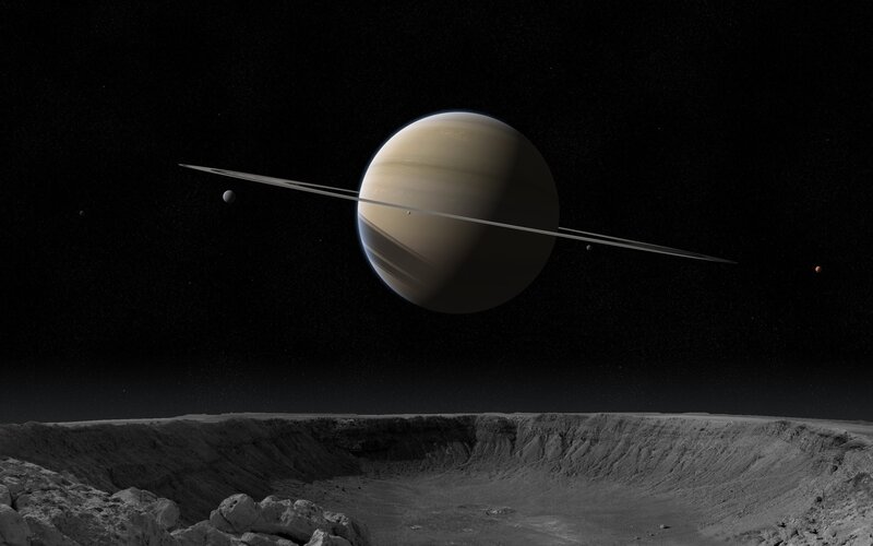 Planet with Rings — Black, Dramatic, Night, 3d Render, Moon, Asteroid Field