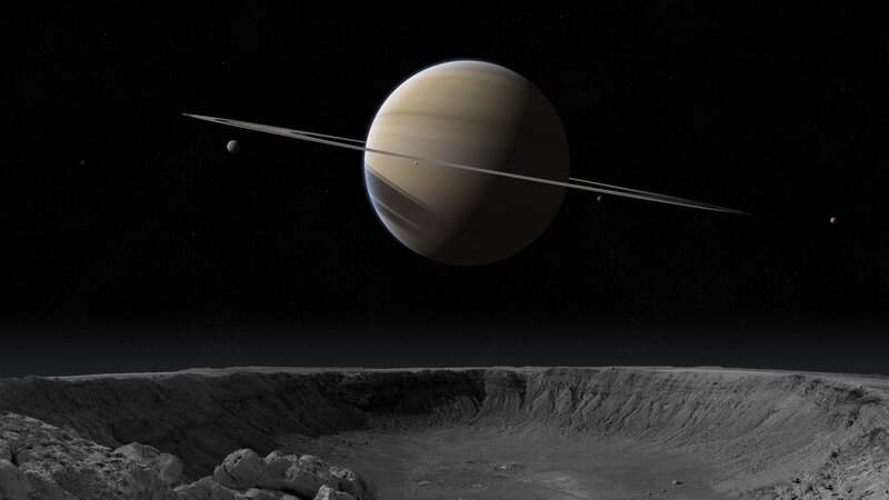 Planet with Rings — Black, Dramatic, Night, 3d Render, Moon, Crater, Stars