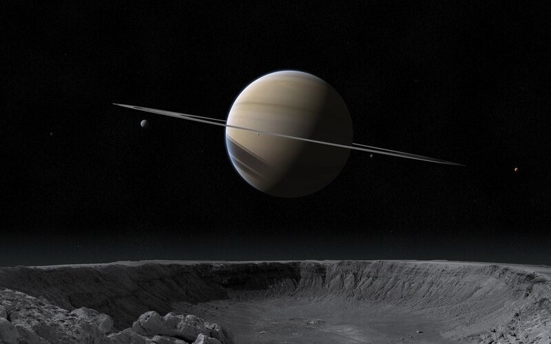 Planet with Rings — Black, Dramatic, Night, 3d Render, Moon, Cratered Surface, Stars