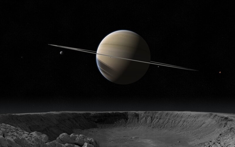 Planet with Rings — Black, Dramatic, Night, 3d Render, Moon, Cratered Surface