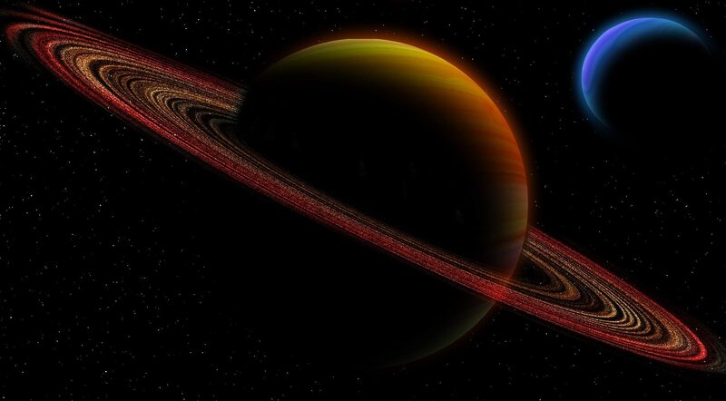 Planet with Rings — Black, Dramatic, Night, Digital Art, Moon, Stars