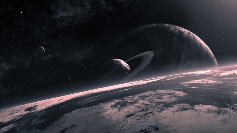 Planet with Rings — Black, Dramatic, Night, Digital Art, Moon