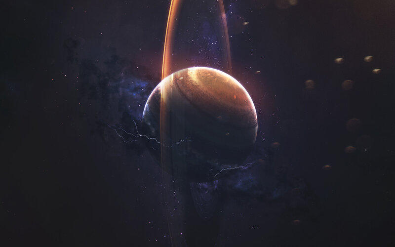 Planet with Rings — Black, Dramatic, Night, Digital Art, Stars, Lightning