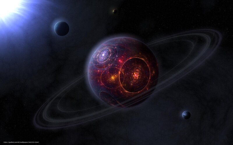 Planet with Rings — Black, Dramatic, Night, Digital Art, Stars, Moon, Sun
