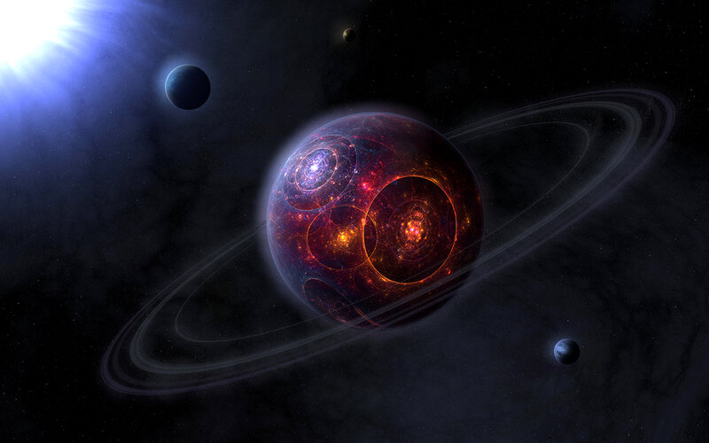 Planet with Rings — Black, Dramatic, Night, Digital Art, Stars, Moons