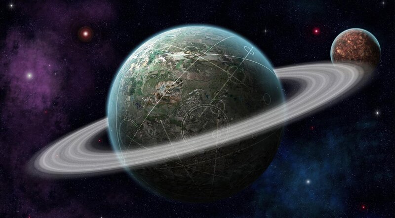 Planet with Rings — Blue, Cosmic, Night, Digital Art, Moon