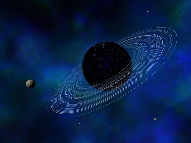 Planet with Rings — Blue, Cosmic, Night, Digital Art, Moons