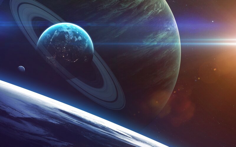 Planet with Rings — Blue, Dramatic, Digital Art, Moon