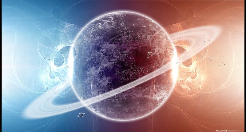Planet with Rings — Blue, Dramatic, Digital Art, Spacecraft