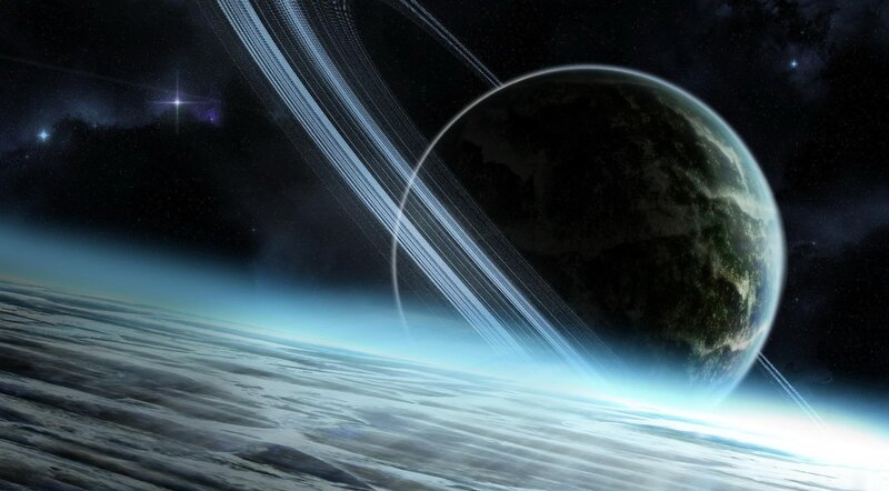 Planet with Rings — Blue, Dramatic, Digital Art, Stars, Clouds