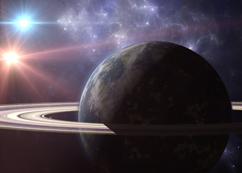 Planet with Rings — Blue, Dramatic, Digital Art, Stars, Nebula, Black, White