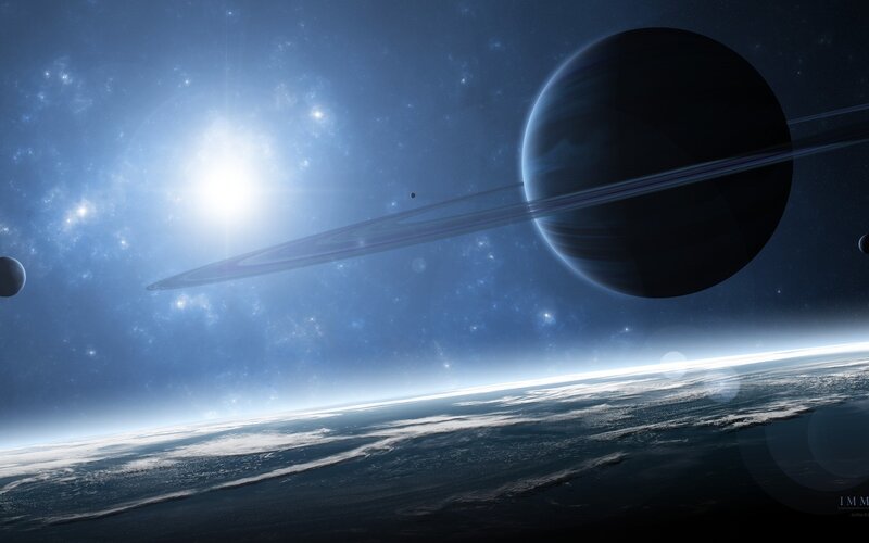 Planet with Rings — Blue, Dramatic, Digital Art, Stars, Sun, Clouds