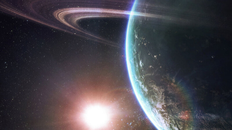 Planet with Rings — Blue, Dramatic, Digital Art, Stars, Sun