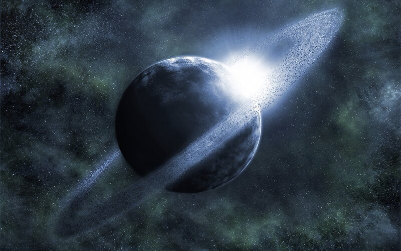 Planet with Rings — Blue, Dramatic, Digital Art, Stars
