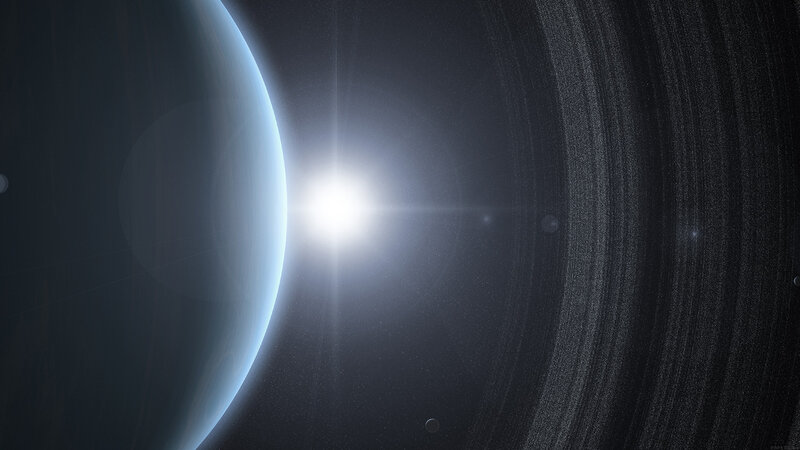 Planet with Rings — Blue, Dramatic, Digital Art, Sun, Moon