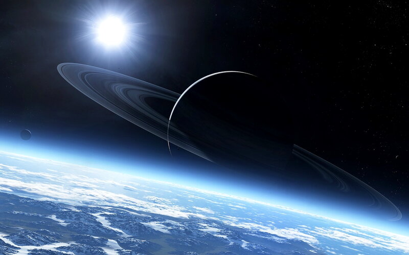 Planet with Rings — Blue, Dramatic, Digital Art, Sun