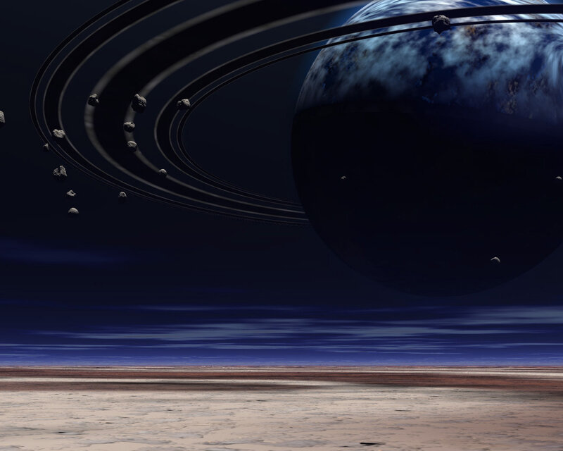 Planet with Rings — Blue, Dramatic, Night, 3d Render, Moon