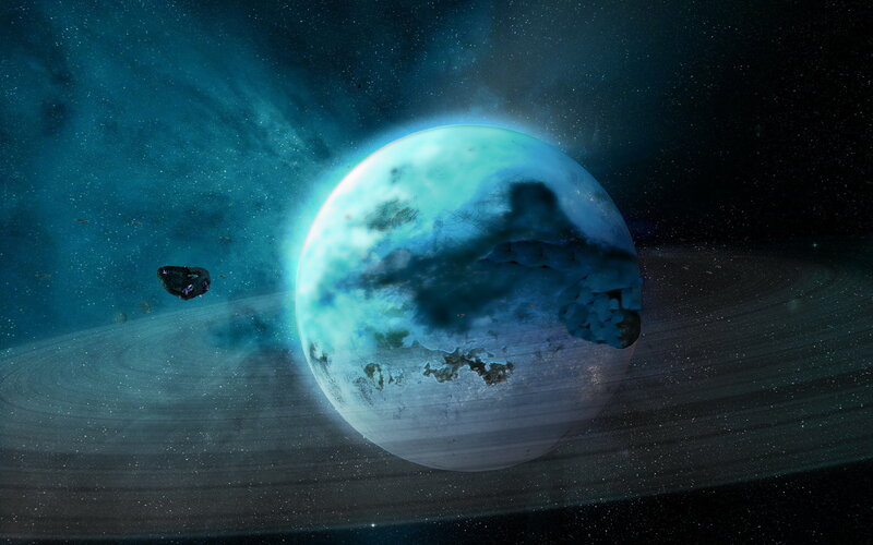 Planet with Rings — Blue, Dramatic, Night, Digital Art, Asteroid