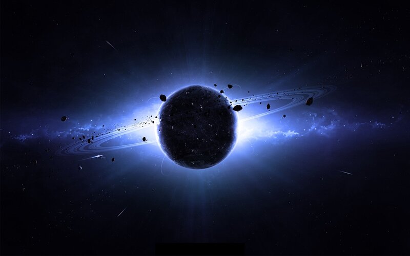 Planet with Rings — Blue, Dramatic, Night, Digital Art, Asteroids, Stars
