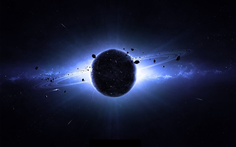 Planet with Rings — Blue, Dramatic, Night, Digital Art, Asteroids