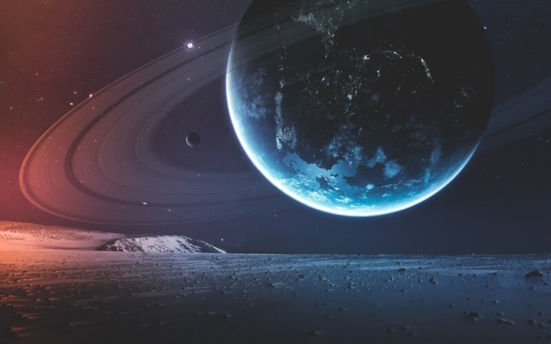 Planet with Rings — Blue, Dramatic, Night, Digital Art, Moon