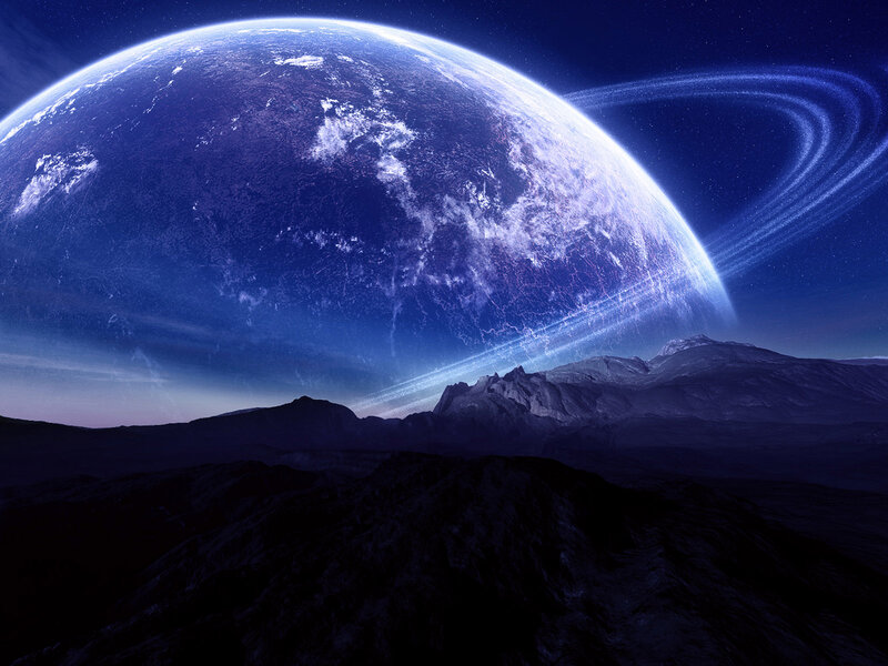 Planet with Rings — Blue, Dramatic, Night, Digital Art, Mountains, Stars