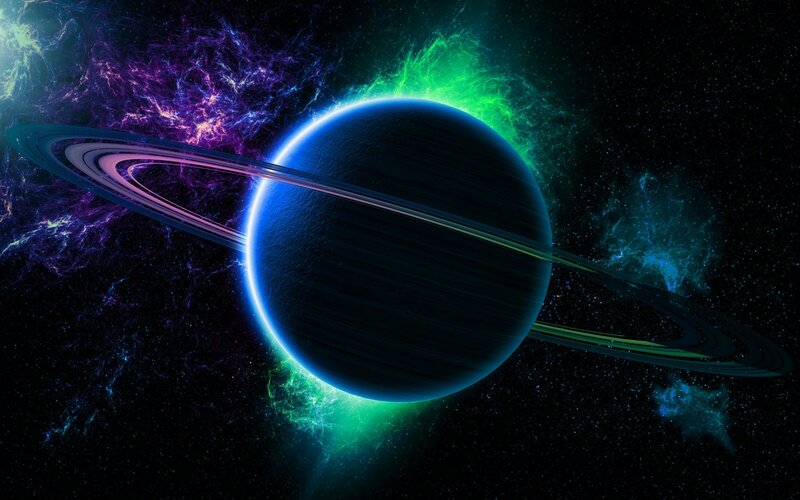 Planet with Rings — Blue, Dramatic, Night, Digital Art, Nebula