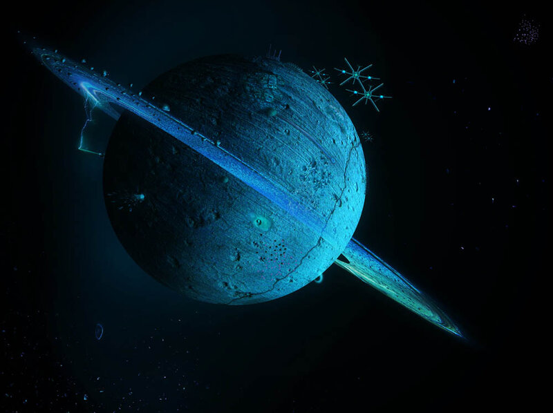 Planet with Rings — Blue, Dramatic, Night, Digital Art, Spacecraft