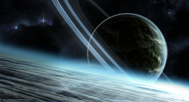 Planet with Rings — Blue, Dramatic, Night, Digital Art, Stars, Clouds, Space
