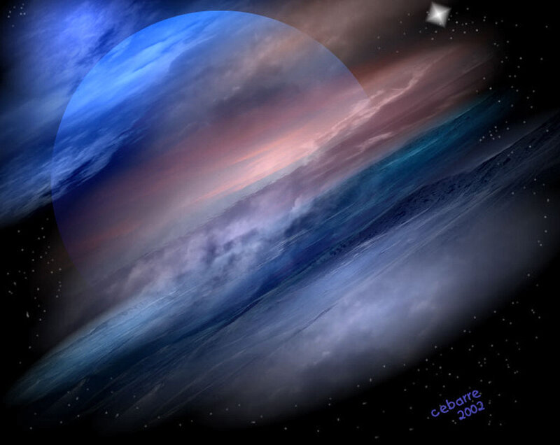Planet with Rings — Blue, Dramatic, Night, Digital Art, Stars, Clouds