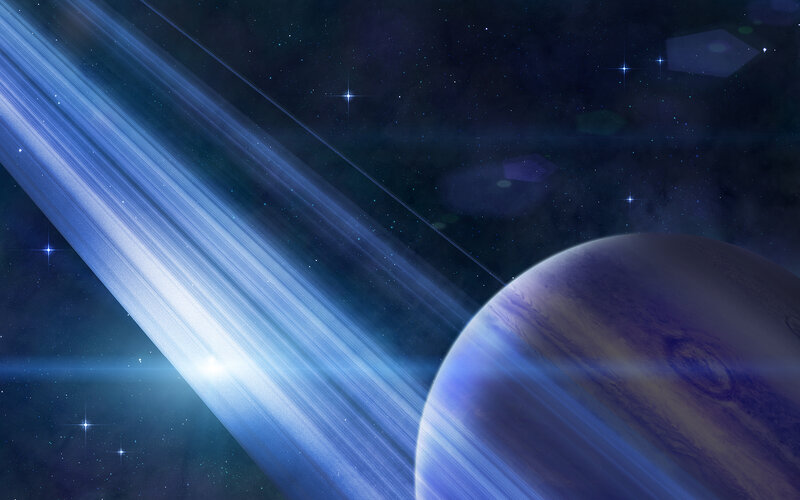 Planet with Rings — Blue, Dramatic, Night, Digital Art, Stars, Space