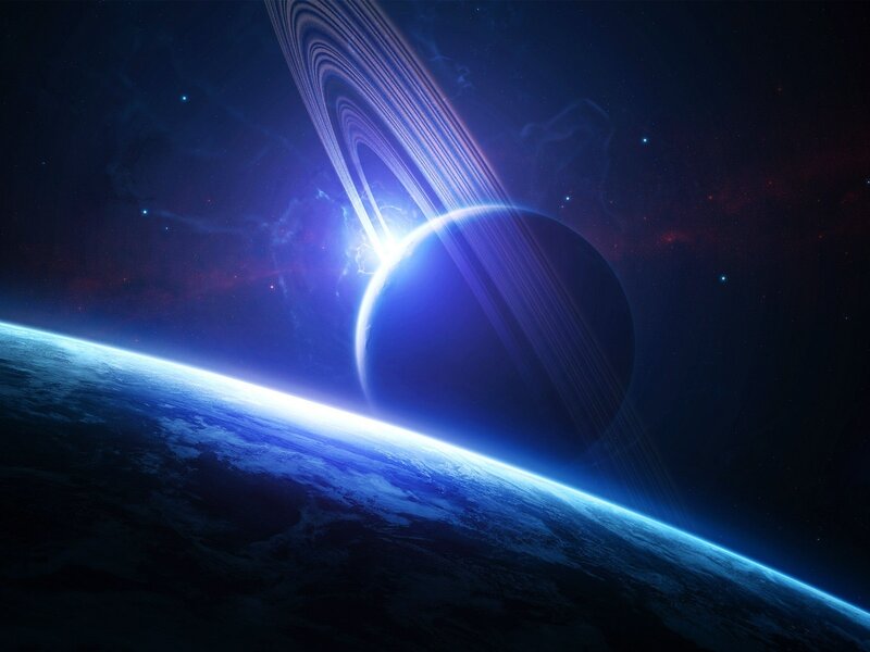 Planet with Rings — Blue, Dramatic, Night, Digital Art, Stars