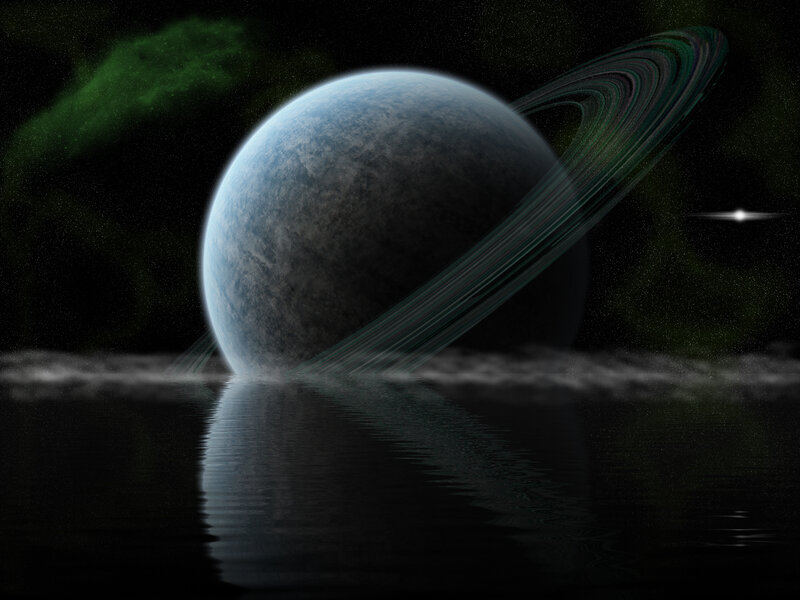 Planet with Rings — Blue, Dramatic, Night, Digital Art, Water
