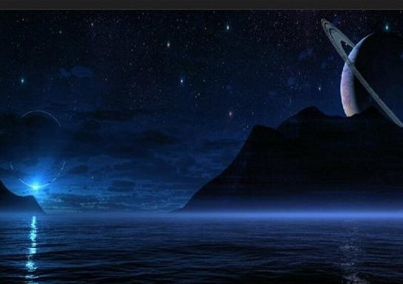 Planet with Rings — Blue, Serene, Night, Digital Art, Stars, Mountains