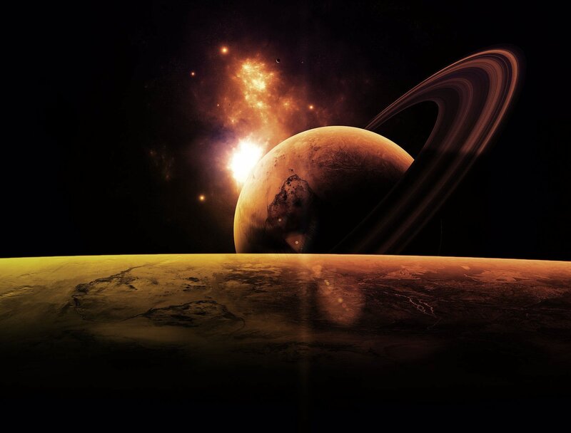 Planet with Rings — Brown, Dramatic, Digital Art, Stars, Nebula, Orange