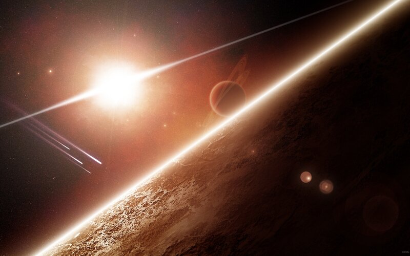 Planet with Rings — Brown, Dramatic, Digital Art, Sun, Asteroids
