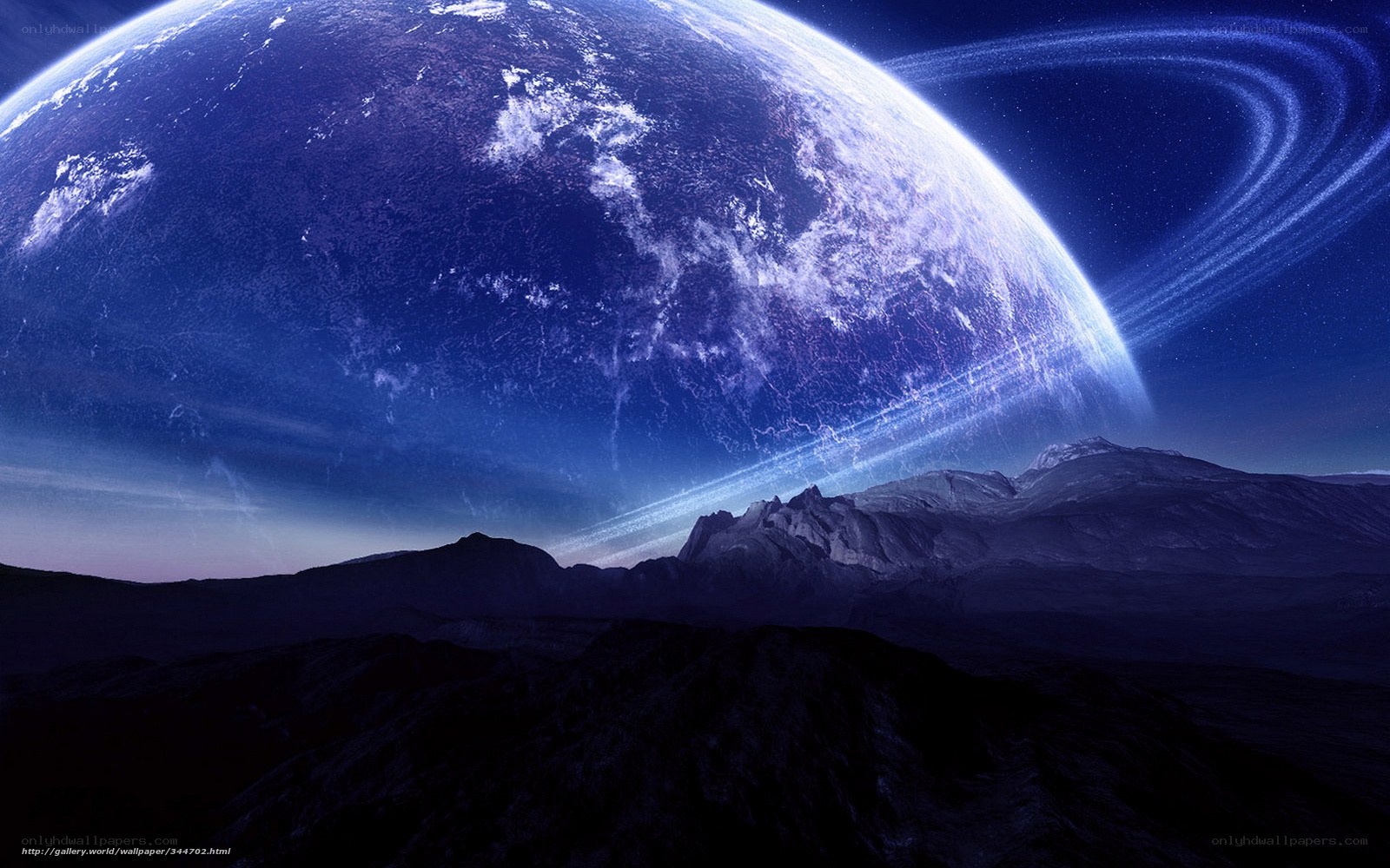 Planet with rings from alien landscape