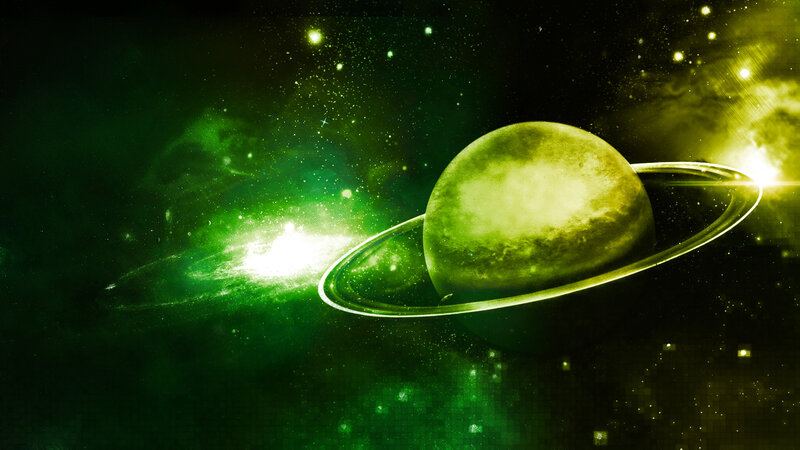 Planet with Rings — Green, Dramatic, Digital Art, Stars