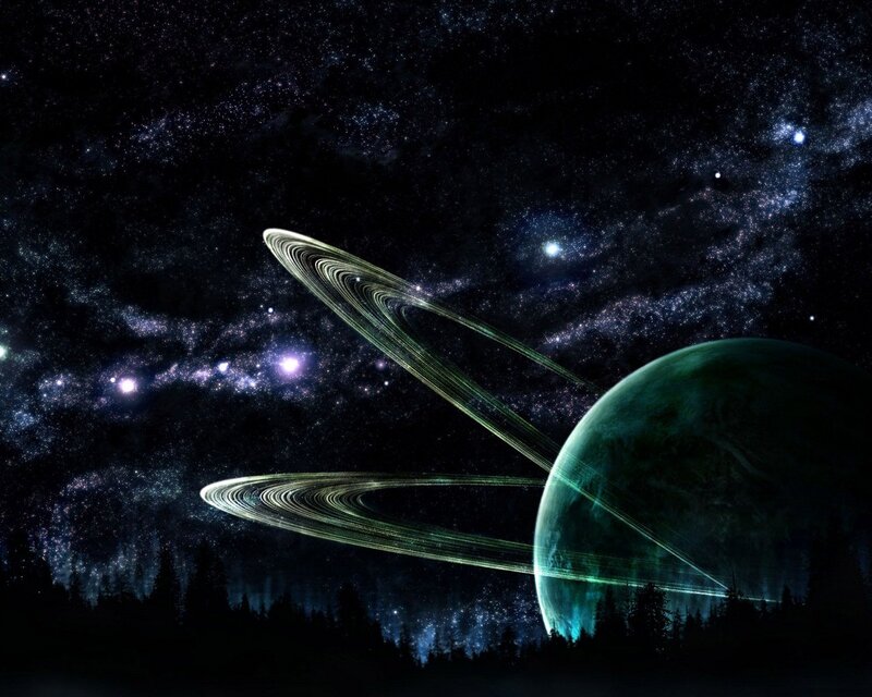 Planet with Rings — Green, Dramatic, Night, Digital Art, Stars, Forest
