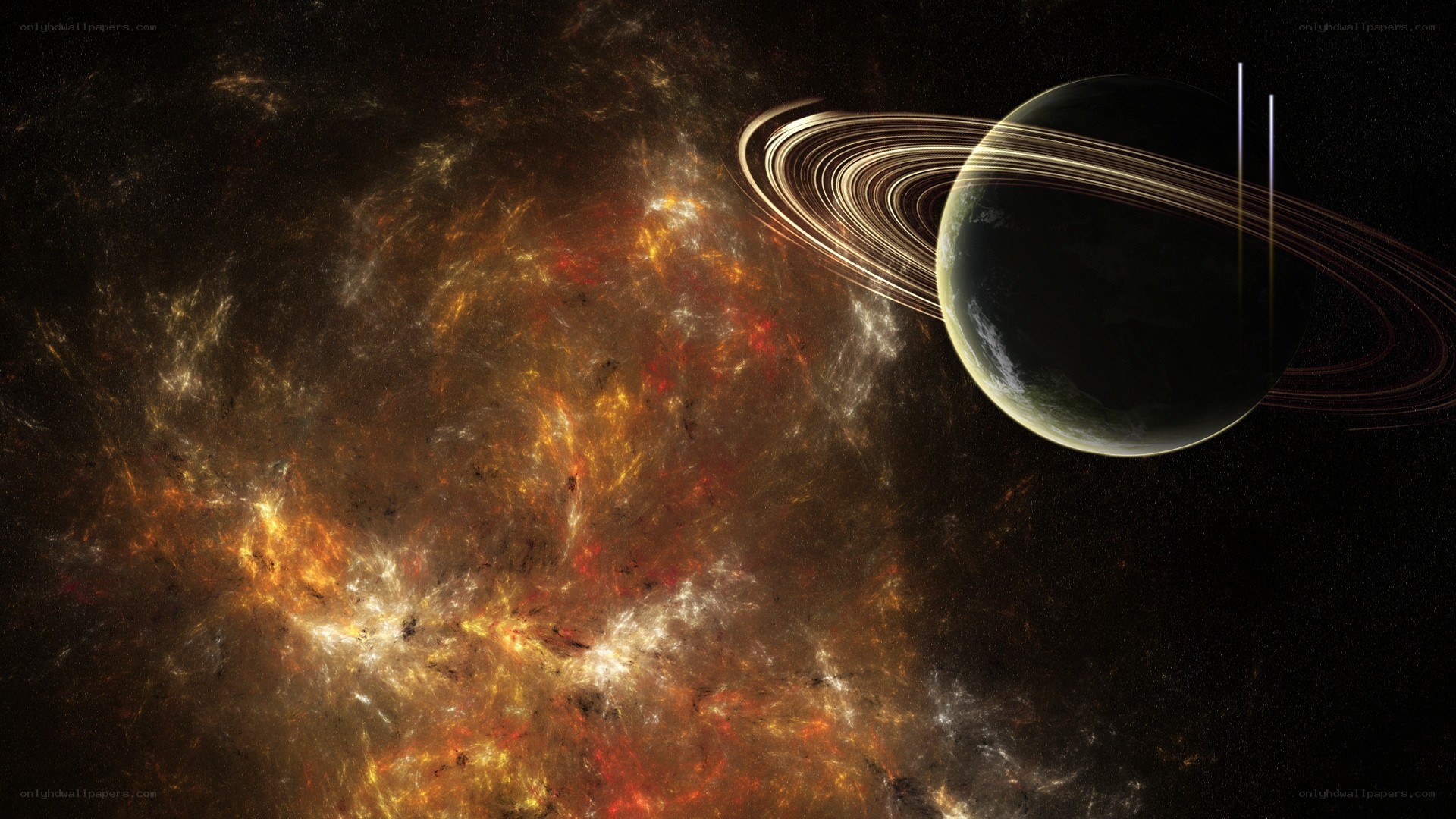 Planet with rings in nebula