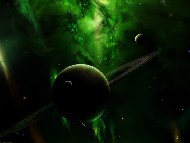 Planet with Rings in Nebula — Green