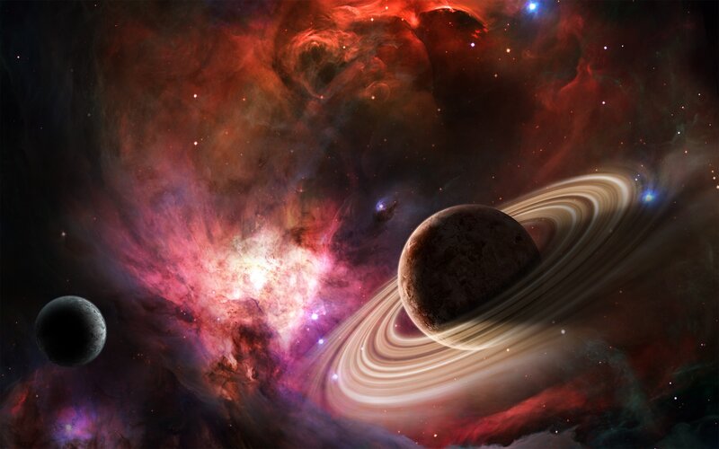 Planet with Rings in Nebula — Red, Dramatic