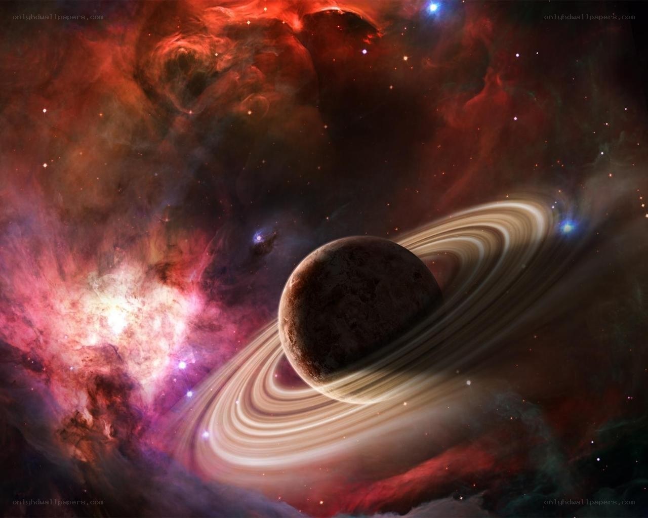 Planet with rings in nebula