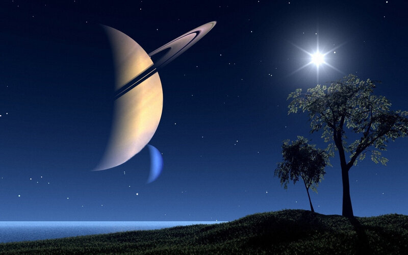 Planet with Rings in Night Sky — Blue, Serene