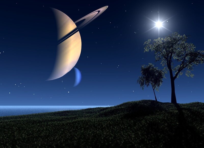 Planet with Rings in Night Sky — Blue