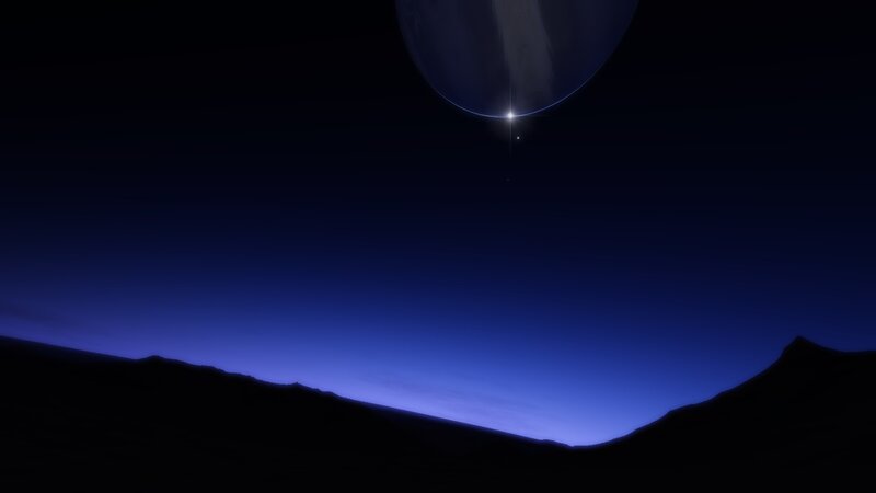 Planet with rings in night sky
