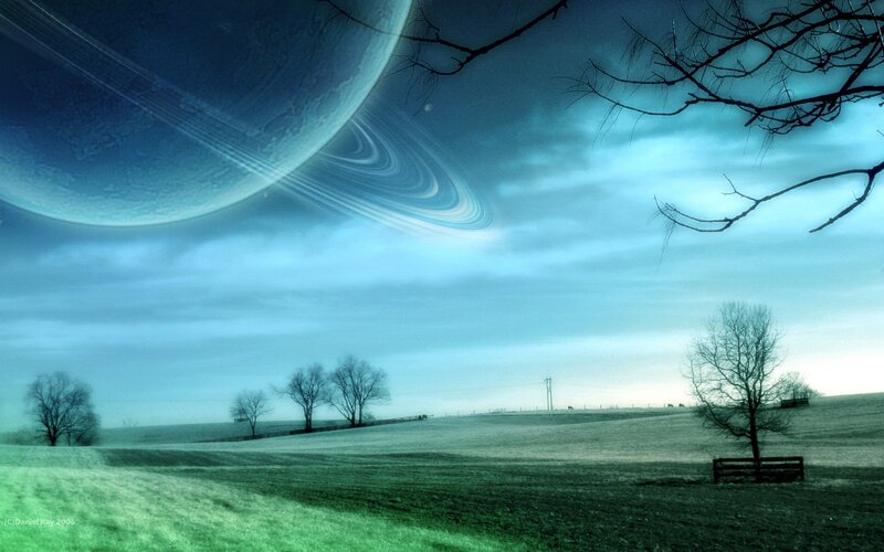 Planet with Rings in Sky — Blue, Dramatic, Night, Digital Art, Field