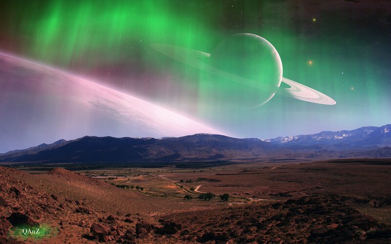Planet with Rings in Sky — Green