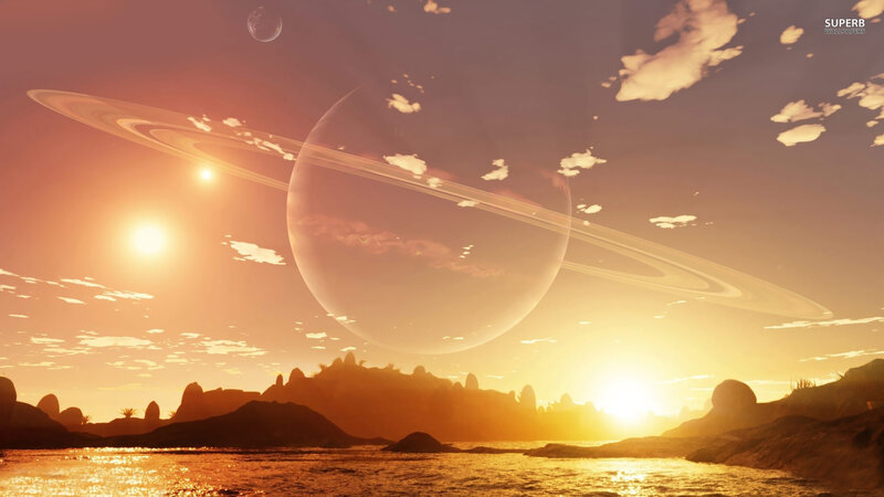 Planet with Rings in Sky — Orange